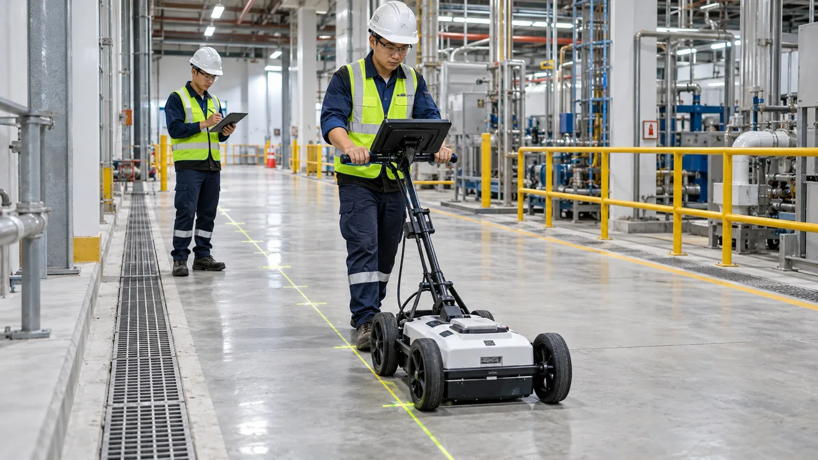 Minh họa hoạt động khảo sát GPR trong môi trường nhà máy